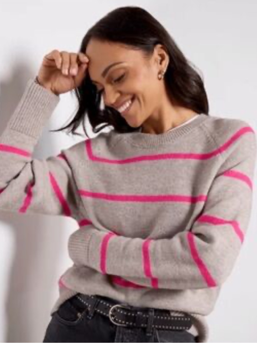 Evereve Taupe Sweater with Hot Pink Stripes